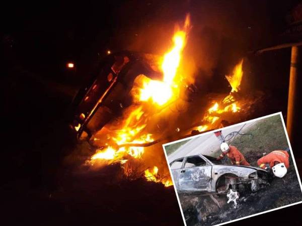 Kereta yang terbakar di Jalan Temerloh-Jerantut dekat Kampung Paya Keladan di sini awal pagi tadi. (Gambar kecil, anggota bomba melakukan pemeriksaan terhadap kereta yang terbakar awal pagi tadi.)