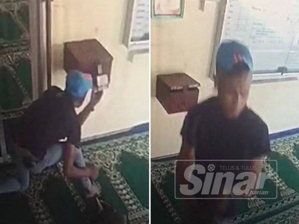 Lelaki bertopi biru yang disyaki melarikan wang tabung Masjid al.Ikhsan Tebong, Sabtu lalu.