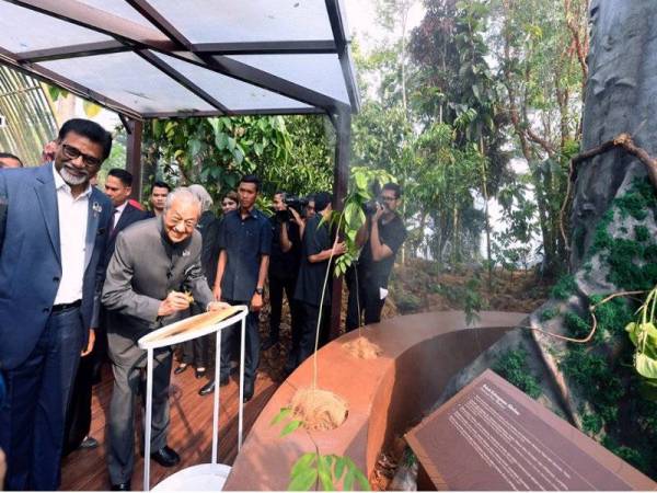 Perdana Menteri Tun Dr Mahathir Mohamad menandatangani plak simbolik menandakan pokok Merbau sebagai pokok kebangsaan semasa melawat pameran 'Hutan Kita’ selepas merasmikannya di Menara Kuala Lumpur hari ini.- Foto Bernama 