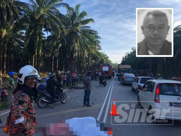 Kemalangan maut membabitkan enam kenderaan di Jalan Bagan-Padang Serai pagi tadi. Gambar kecil, Mohd Taher.