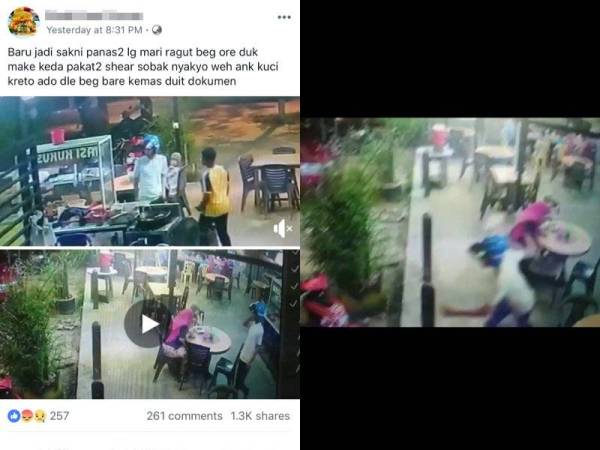 Kejadian curi beg tangan guru wanita yang sedang makan di sebuah kedai makan dirakam CCTV yang dimuat naik di laman sosial.