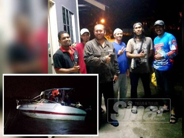 Enam mangsa bot persendirian yang diselamatkan APMM Zon Kuala Kedah. (Gambar kecil, Bot persendirian dinaiki enam lelaki yang rosak ditengah laut.)