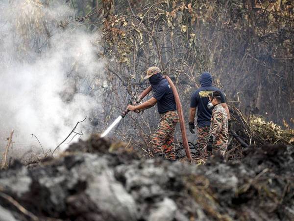 Kebakaran hutan di Jalan Tanjung Kupang, Kampung Pekajang dekat Gelang Patah. - Foto BERNAMA