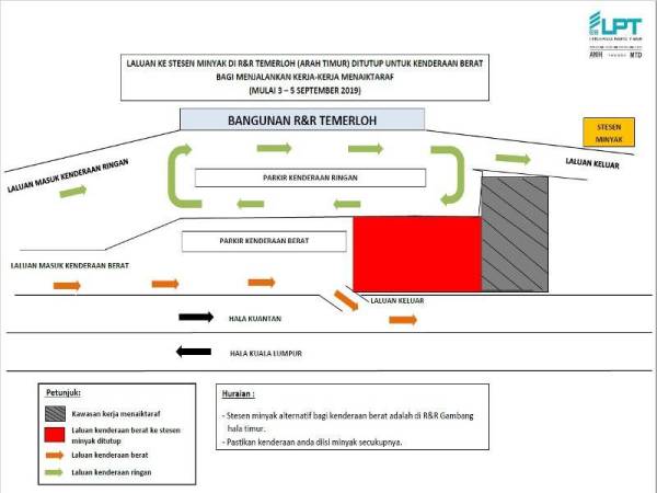 Infografik kerja-kerja naik taraf yang akan dijalankan selama tiga hari di laluan kenderan berat untuk ke stesen minyak di Kawasan Rehat dan Rawat (R&R) Temerloh Arah Timur.