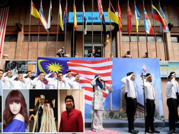 Selebriti terkenal, Datuk Seri Siti Nurhaliza Tarudin menyanyikan lagu Jalur Gemilang ketika sambutan Hari Kebangsaan ke-62 bersama kakitangan Bank Muamalat di Laman Warisan Menara Bumiputra semalam. - Foto Bernama (Gambar kecil, dari kiri, Wincci, Sudirman, Roy)