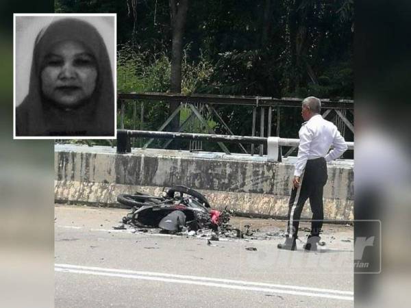 Seorang anggota polis trafik melihat keadaan motosikal yang dinaiki mangsa yang remuk selepas dilanggar Honda CRV. (Gambar kecil, Nazri)