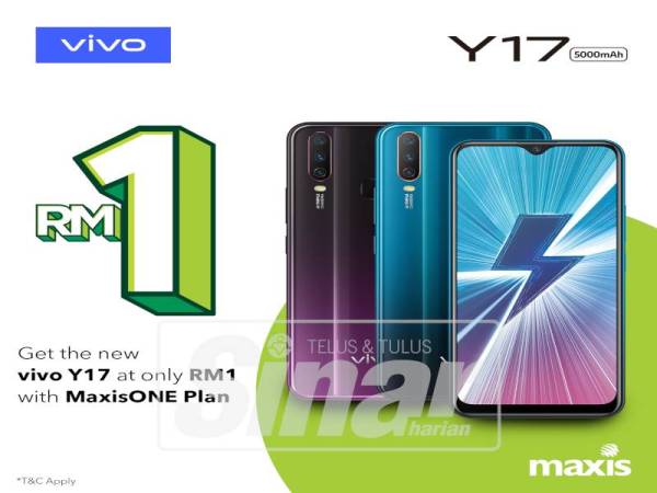 PAKEJ menarik Vivo Y17 yang dilengkapi dengan 4GB RAM dan 64GB memori dalaman dengan hanya mendaftar Maxis Oneplan dengan bayaran RM1 sahaja.