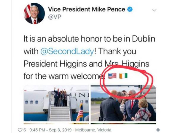 Ciapan dimuat naik Naib Presiden AS, Mike Pence di akaun rasmi Twitternya setibanya di Ireland.