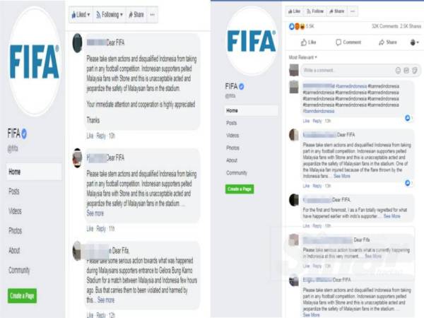 Laman Facebook rasmi FIFA 'diserang' netizen selepas insiden serangan penyokong Indonesia terhadap penyokong Malaysia di Stadium Bung Karno semalam.