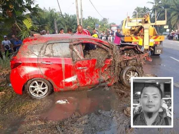 Keadaan Perodua Myvi dipandu mangsa remuk teruk dalam kejadian itu. Gambar kecil, Muhammad Fadzli.