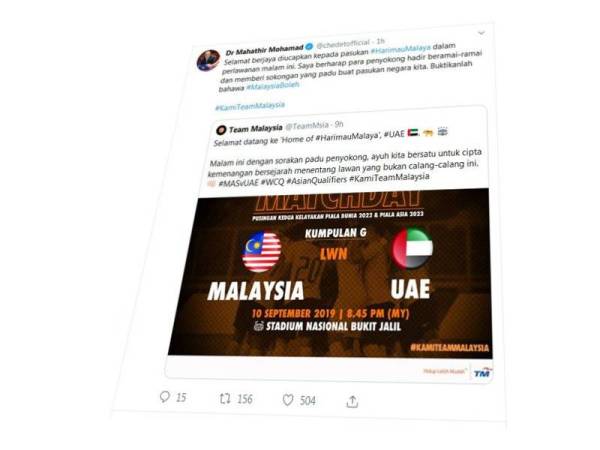 Paparan skrin ciapan Perdana Menteri di laman mikro Twitter miliknya. 