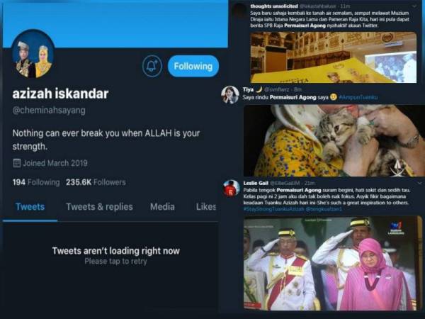 Paparan Twitter Permaisuri Agong tidak aktif dan ciapan netizen meluahkan rasa hiba.