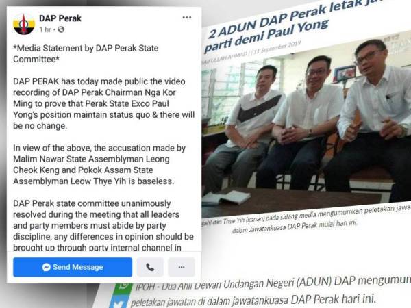 Kenyataan media dimuatkan di laman Facebook DAP Perak bagi menjawab tuduhan dan menjelaskan isu peletakan jawatan dua ADUN parti itu.