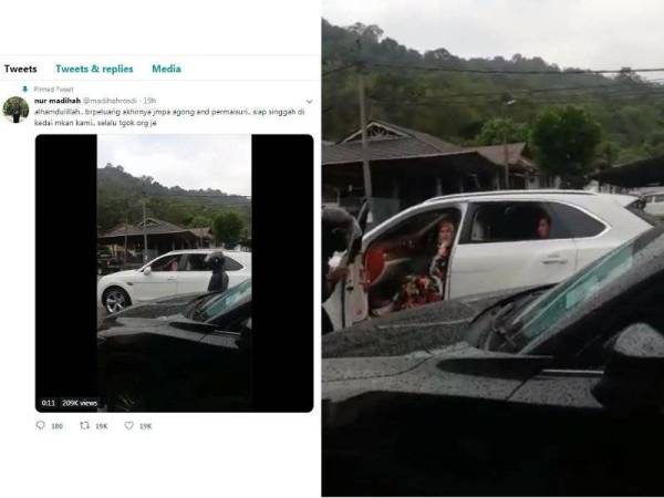 Nur Madihah berkongsi video di laman Twitternya. Gambar kanan: Tunku Azizah turun dari kereta untuk makan di kedai berkenaan.