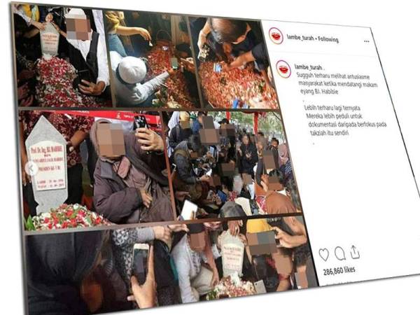 Seorang pengguna di Instagram berkongsi gambar penziarah yang terlampau 'ghairah' mengambil swafoto di pusara BJ Habibie. - Foto: lambe_turah/Instagram