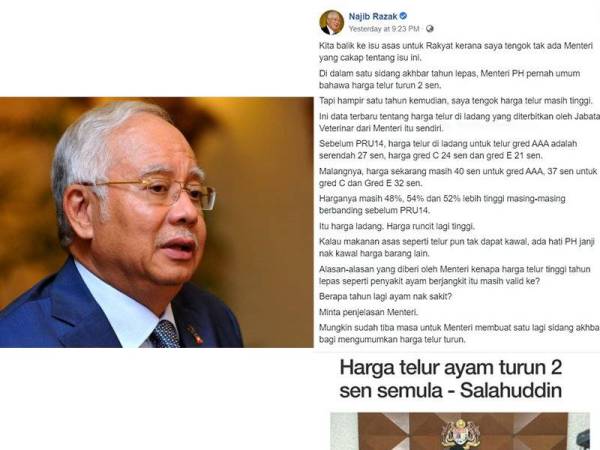 Najib membuat perbandingan harga telur ayam di Facebook miliknya. 