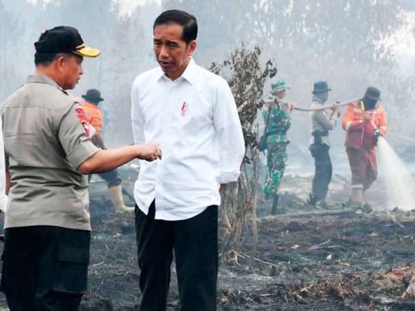 Jokowi ketika meninjau lokasi kebakaran hutan dan tanah pertanian di Merbau, Riau kelmarin.