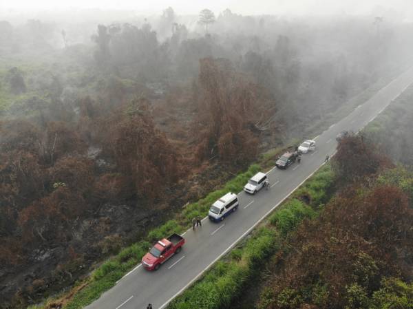 Tinjauan dari udara kebakaran hutan seluas 25 hektar yang berlaku di Kampung STC, Sri Aman sejak tiga hari lalu.  -Foto Bernama