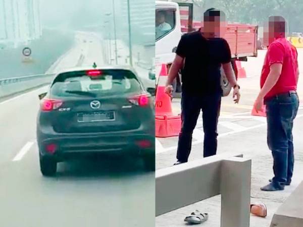 Pertengkaran dan pergaduhan melibatkan dua pemandu berusia 30 tahun (kiri) dan pemandu kereta Mazda CX5 (kanan) di Plaza Tol Bukit Kiara, Kuala Lumpur kelmarin.