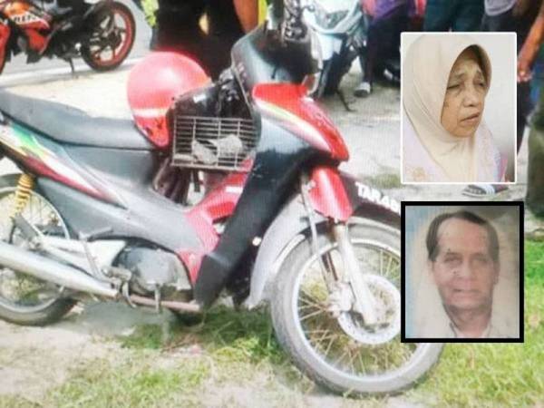 Keadaan motosikal mangsa selepas terlibat dalam kemalangan pagi semalam. Gambar kecil: Zaimah, Hussin (mangsa maut)