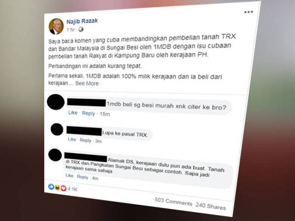 Tangkap layar kenyataan Najib di Facebook yang menegaskan perbandingan dibuat netizen berhubung pembelian tanah TRX dan Bandar Malaysia di Sungai Besi dengan pemebelian tanah rakyat di Kampung Baru adalah tidak tepat