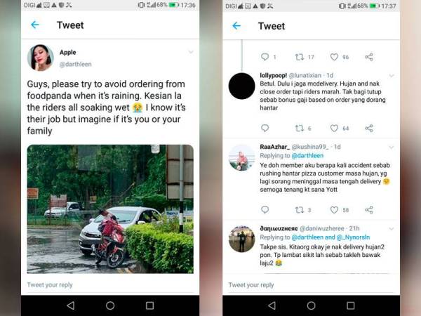Rata-rata masyarakat Malaysia amat prihatin dengan nasib yang menimpa rider yang terpaksa menghantar makanan dalam keadaan cuaca yang buruk.