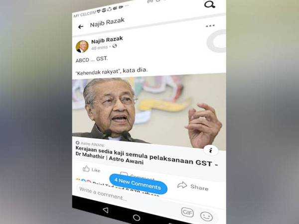 Hantaran dimuat naik Najib berhubung kenyataan Dr Mahathir kemungkinan kerajaan PH akan mengkaji semula pelaksanaan GST.