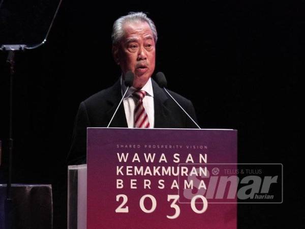 Tan Sri Muhyiddin Yassin berucap pada Wawasan Kemakmuran Bersama 2030 di Pusat Konvensyen Kuala Lumpur (KLCC), Kuala Lumpur, hari ini. FOTO:ZAHID IZZANI