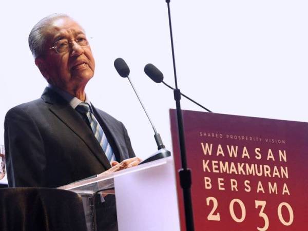 Tun Dr Mahathir Mohamad menyampaikan ucapan pada Majlis Pelancaran Wawasan Kemakmuran Bersama 2030, hari ini. FOTO: BERNAMA