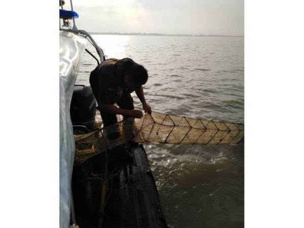 Anggota penguatkuasa APMM menarik bubu naga yang diletakkan di dalam air oleh pihak yang tidak bertanggungjawab. - Foto APMM
