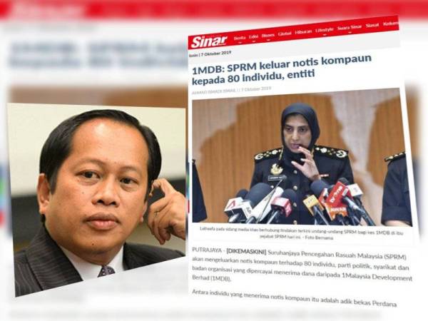 Laporan sinar harian berhubung SPRM mengeluarkan notis kompaun terhadap 80 individu, parti politik, syarikat dan badan organisasi yang dipercayai menerima dana 1MDB.