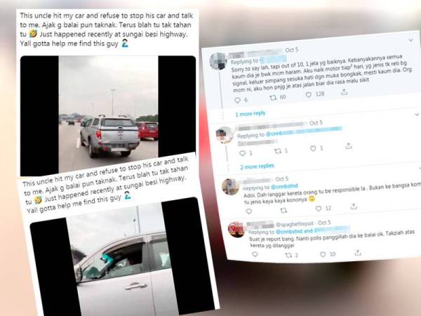 Paparan gambar video pemandu yang didakwa melanggar sebuah kereta di Lebuhraya Sungai Besi, Jumaat lalu tular di laman Twitter.
Kanan: Antara komen netizen yang mengecam tindakan lelaki tersebut.