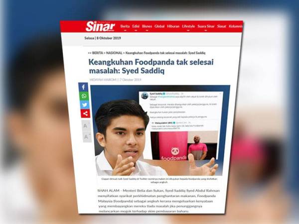 Paparan skrin laporan Sinar Online berkaitan isu boikot foodpanda, semalam.