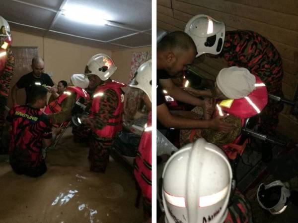 Usaha memindahkan warga emas terperangkap dalam banjir kilat di Kampung Sungai Gahal Hulu Langat petang tadi. Foto: JBPM Selangor