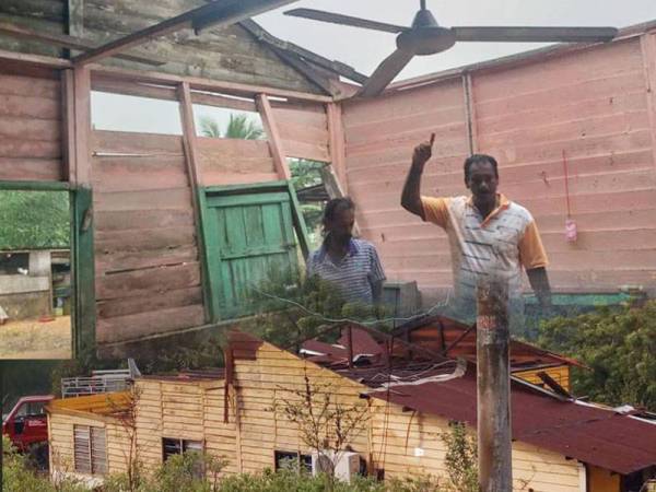 Seorang penduduk menunjukkan bumbung rumahnya yang diterbangkan ribut. Foto: Ihsan APM
Keadaan rumah penduduk yang rosak di bahagian bumbung selepas dilanda ribut semalam.