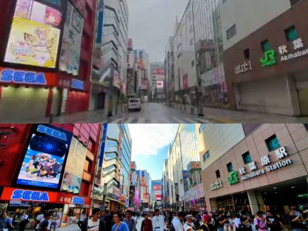 Keadaan bandar Akihabara sebelum dan selepas.