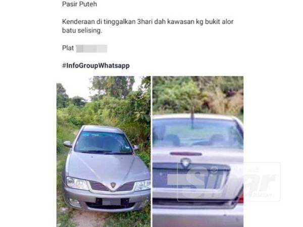 Kereta milik Mohd Hatta tular di Facebook apabila ia ditemui di Kampung Bukit Alor Batu, Selising.