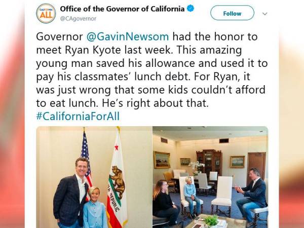 Gabenor GavinNewsom bertemu seorang pelajar, Ryan Kyote baru-baru ini yang menggunakan elaunnya untuk membayar hutang makan tengah hari rakan-rakannya. FOTO TWITTER GABENOR GAVINNEWSON