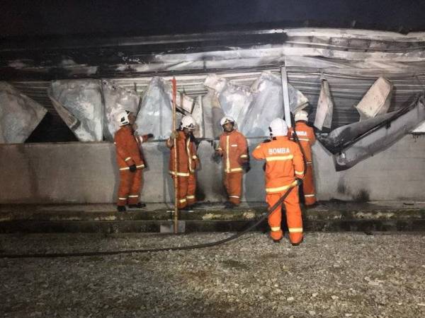 Anggota bomba membuat pemeriksaan selepas kebakaran membabitkan sebuah kilang pengeluaran ayam di Ayer Molek, Kuala Sungai Baru, berjaya dipadamkan malam tadi.