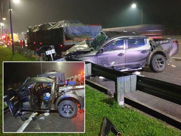 Dua maut dalam kemalangan membabitkan sebuah kenderaan pacuan empat roda dan lori. Gambar kecil: Keadaan pacuan empat roda dinaiki mangsa remuk. - Foto ihsan akhbar bahasa Cina