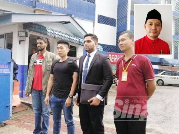 Yan Kee (dua dari kiri) ditemani peguamnya, Asheeq Ali ketika hadir ke Balai Polis Petaling semalam.
Gambar kecil: Dr Najmil Faiz Mohamed Aris