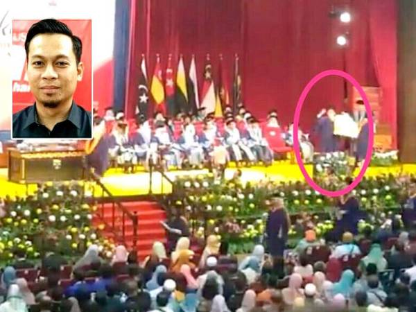 Rakaman video yang ditularkan pada 14 Oktober lalu menunjukkan Wong Yan Ke, 23, membawa plakad ke dalam Dewan Tuanku Canselor UM bagi mendesak pemimpin universiti itu meletakkan jawatan. Gambar kecil: Tengku Haphiz