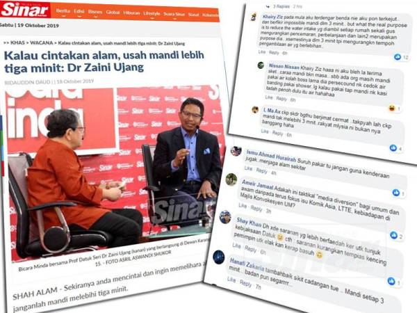 Antara komen yang dikongsikan netizen susulan saranan mandi tiga minit untuk menyelamatkan alam sekitar.