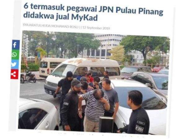 Keratan artikel yang disiarkan Sinar Harian sebelum ini berhubung kes penjualan MyKad di Pulau Pinang.
