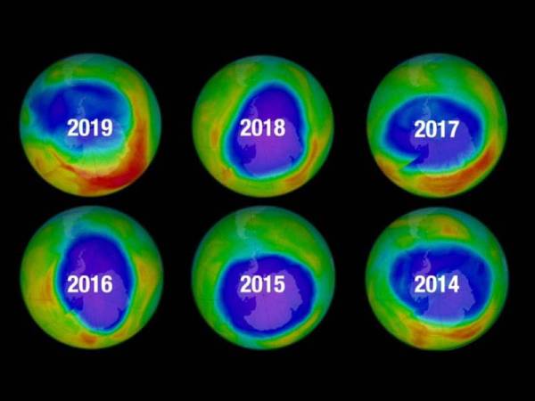 Perbezaan saiz lubang lapisan ozon yang direkodkan sejak 2014 hingga 2019.