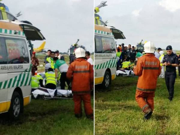 Mangsa diberi rawatan awal di tempat kejadian sebelum dibawa ke hospital. Gambar kiri: Mangsa yang mengadu keletihan pengsan ketika hendak turun dari jentera dinaikinya.