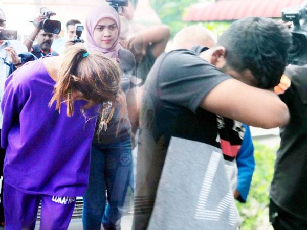 Wanita berusia 36 tahun ini ditahan bersama suaminya disyaki mendera amah hingga buta. Kanan: Lelaki berusia 35 tahun tiba di Mahkamah Ipoh bagi mendapatkan lanjutan reman.