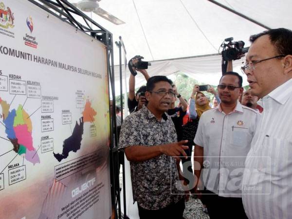 Eddin Syazlee (kanan) mendengar penerangan daripada Pengarah Penerangan Johor, Zainuddin Ismail (kiri) ketika menghadiri majlis Perasmian Program Sepakat @ Komuniti Peringkat Negeri Johor di Pontian semalam.