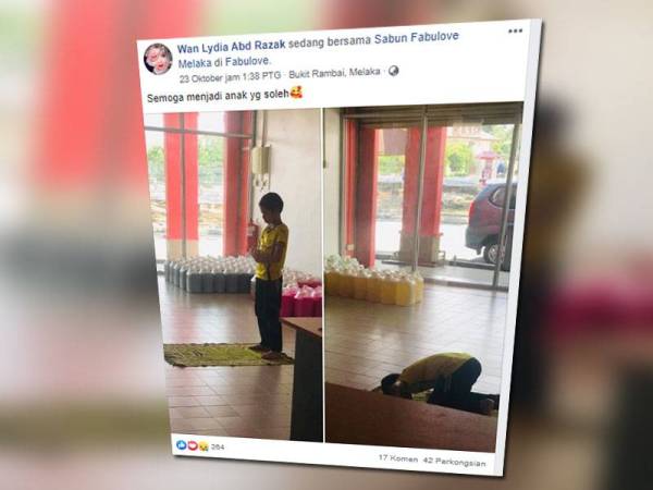 Paparan gambar menunjukkan Adam, anak kepada Wan Lydia yang solat pada waktunya tular di media sosial.