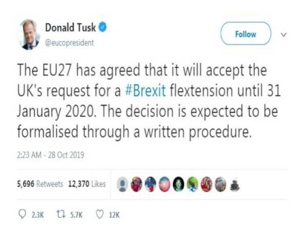 Pengumuman penangguhan Brexit diumumkan Presiden EU di laman Twitter miliknya hari ini.